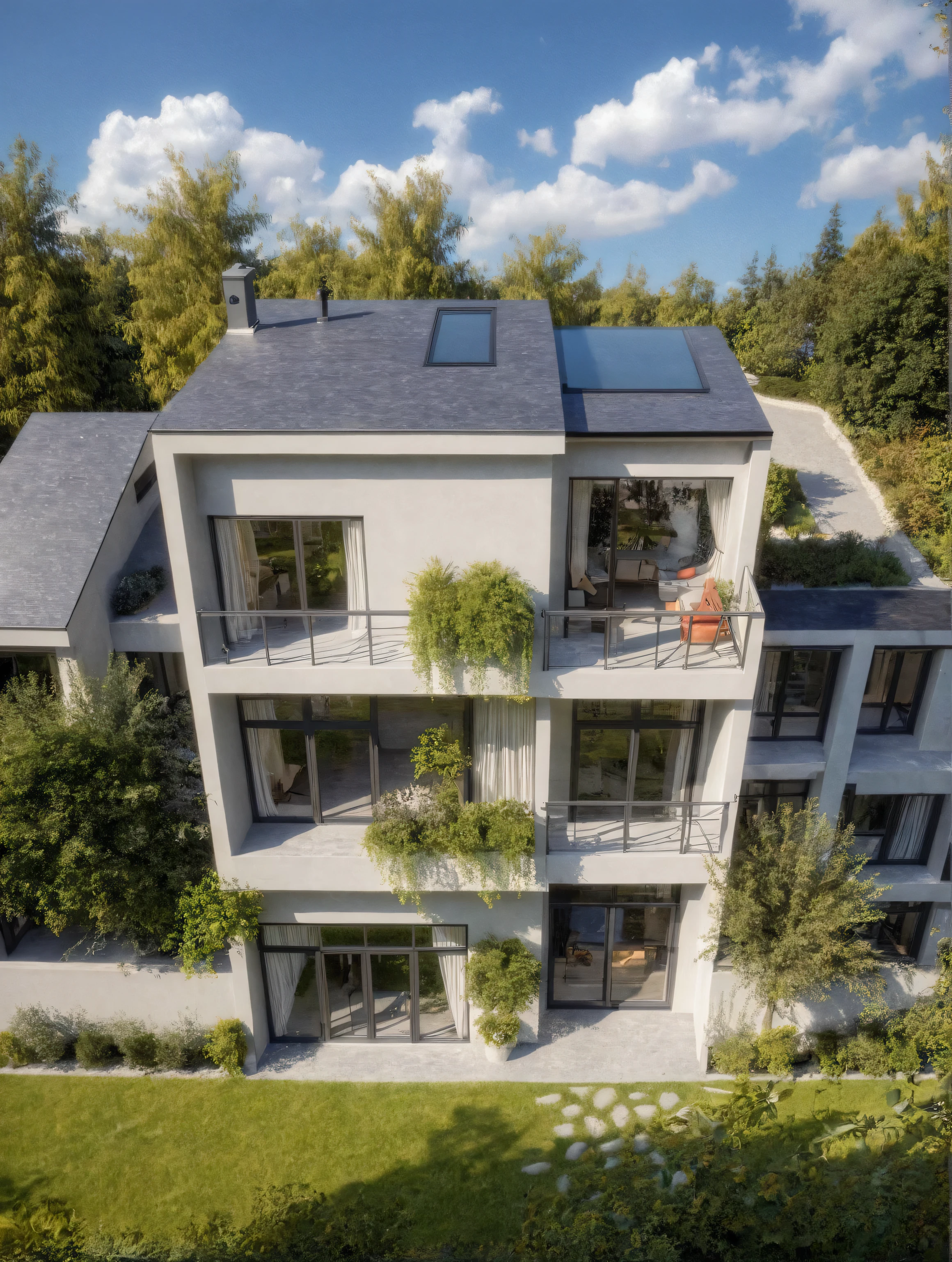 villa moderne, (style moderne:1.2), exterior design, vue de perspective, (block sidewalks and asphalt roads), (la maison du voisin d'Beside), (jour light sky background), Arbres bas autour de la maison, atmosphère globalement paisible photo cinématographique, (L'neutral lighting suitable for the modern villa, clear color thermometer sunlight 5500 KEVIN), Hyperrealistic art, professionnel, 8k, very detailed ï¼, (visualisation de la conception architecturale), (reflection), (se concentrer sur un objet), (material normal bump real reflection), (Scattered light), (hidden light) (rayon de lumière), (lumière multifaisceaux), (rayon de soleil) (multi-level reflection), (rendu de visualisation du logiciel corona:1.2),(((best quality))), ((chef-d'artwork)), ((meilleure illustration)), ((meilleures ombres)), ((great detail)), (Lignes complexes), (photorealism),(hyper detail), ((archaic)), ((Award-winning design)), (dynamic light), ((jour)), (Lumière parfaite), (Shimmering light), ((photorealistic)), ((complex detail)), ((extreme detail)), ((science)), ((hyper-detail)), ((great detail)), ((super realistic)), ((Crazy Detail)), ((rendu d'octane)), ((cinematic)), ((tendance sur artstation)), ((High fidelity)), ((video)), ((croustillant)), ((Brillant)), ((Superbe)), ((Attrayant)), ((High quality)),((pointu))((Brillant)), ((Superbe)), naturel, ((Attrayant)), ((Enlightening)), ((impeccable)), ((High quality)),((pointu edge render)), ((moderately soft lighting)), ((rendu photographique)), ((detailed archiving)), {real environment|spring adjustment|espace de style tropical}