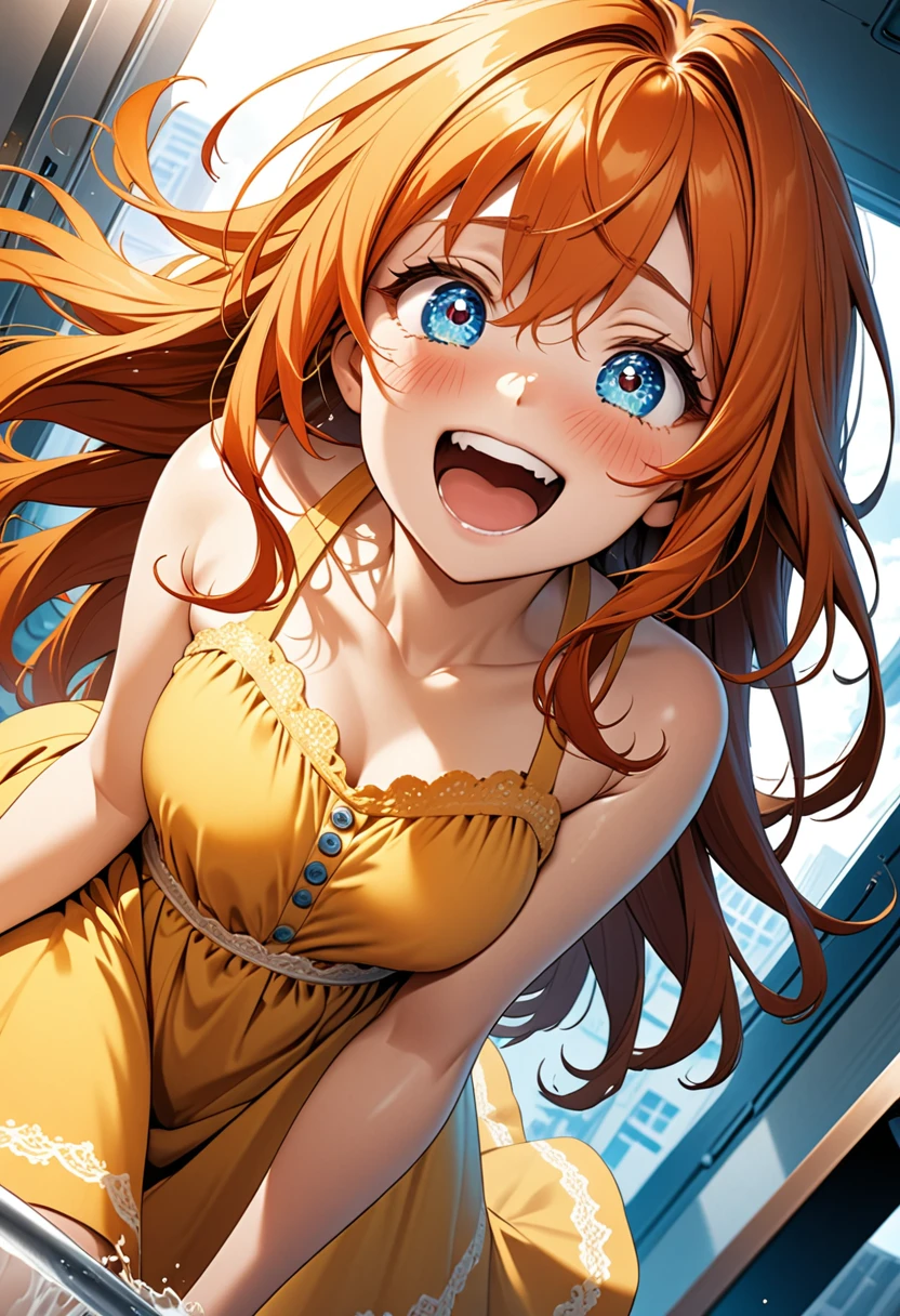 detailed illustration, dynamic angle, ultra-detailed, illustration, 1girl, 24 years old, orange red hair, wild hair, long hair bright blue eyes, detailed eyes, yellow sundress, grinning, blushing, flushing, aroused, happy, horny, laughing