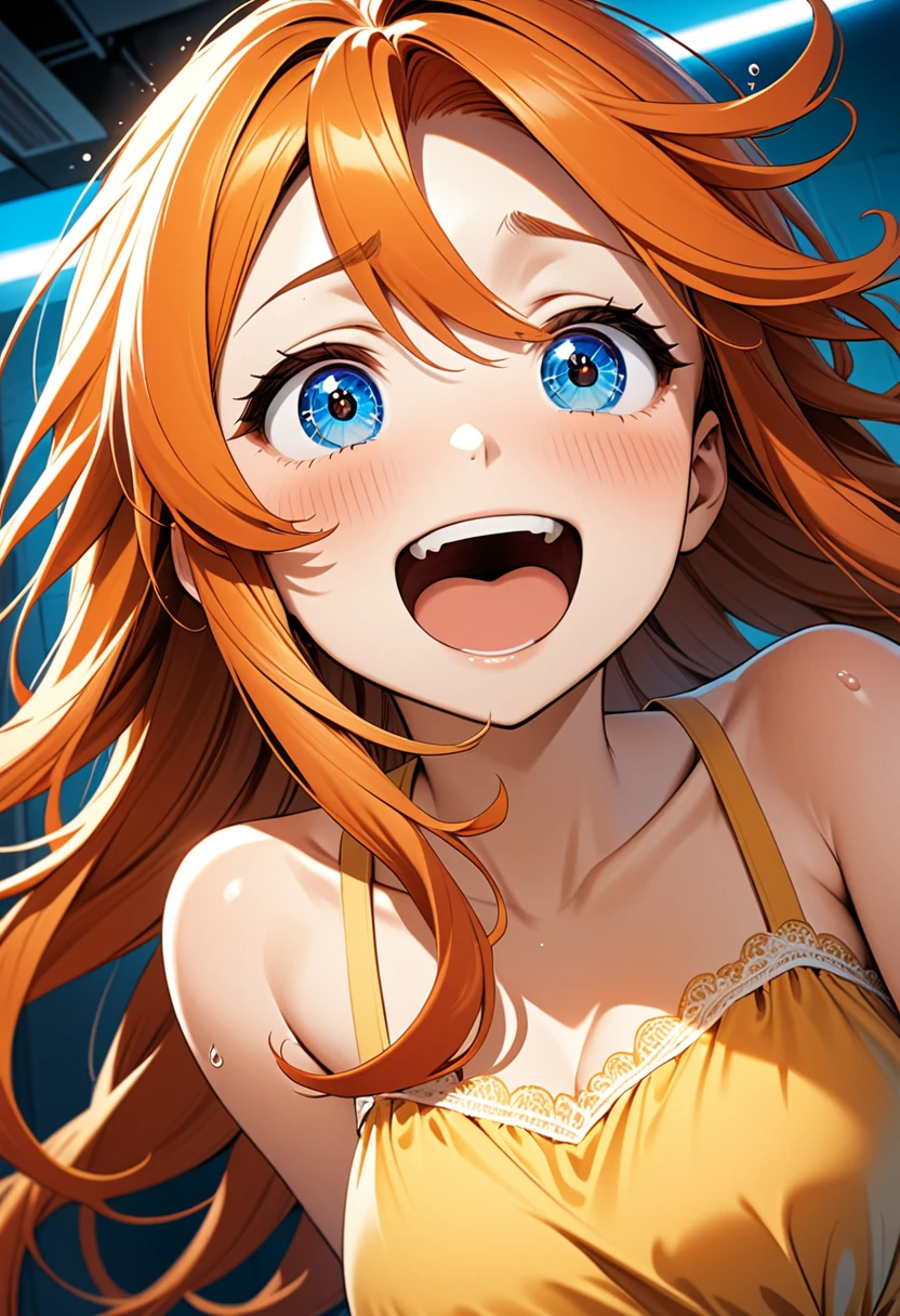 detailed illustration, dynamic angle, ultra-detailed, illustration, 1girl, 24 years old, orange red hair, wild hair, long hair bright blue eyes, detailed eyes, yellow sundress, grinning, blushing, flushing, aroused, happy, horny, laughing