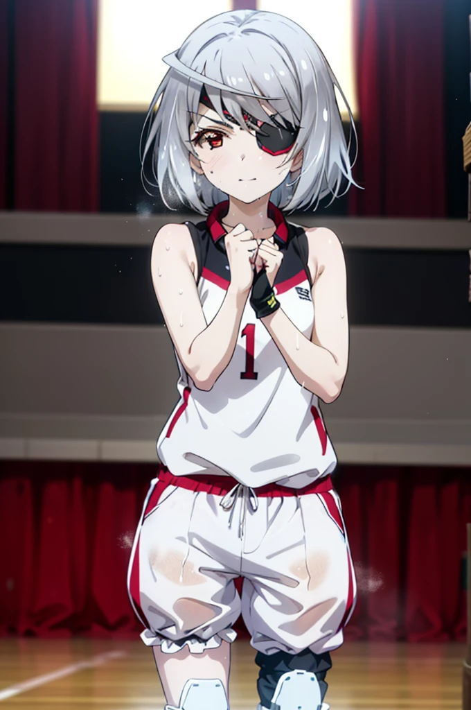 Laurabodewig, Laura Bodewig, Long Hair, (Red eyes:1.3), Grey Hair, Eye patch,smile,
break, (((Stained bloomers))), (Stained Volleyball Uniforms), Sleeveless volleyball uniform, (((Stained bloomers))), (Knee pads), (Elbow pads), (bare hands), ((Sweat)), ((covered in Sweat)), (breathe), Volleyball court, Ballet Shoes,whole bodyがイラストに入るように,
break indoors, gym,
break looking at viewer,whole body, (Cowboy Shot:1.5),
break (masterpiece:1.2), Highest quality, High resolution, unity 8k wallpaper, (figure:0.8), (Beautiful attention to detail:1.6), Highly detailed face, Perfect lighting, Highly detailed CG, (Perfect hands, Perfect Anatomy),