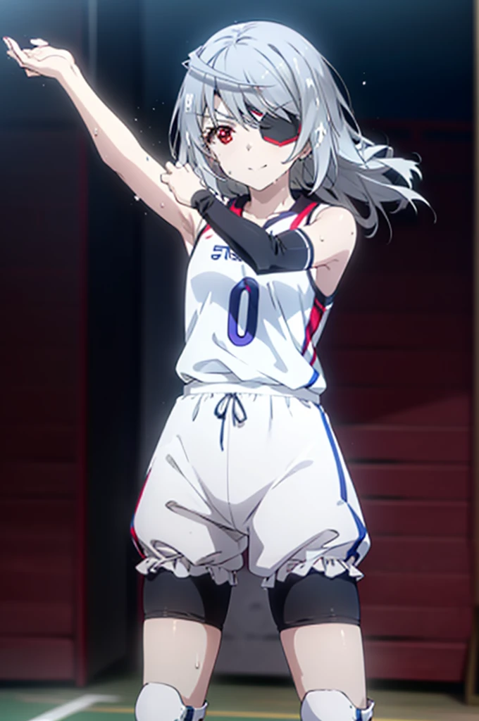Laurabodewig, Laura Bodewig, Long Hair, (Red eyes:1.3), Grey Hair, Eye patch,smile,
break, (((Stained bloomers))), (Stained Volleyball Uniforms), Sleeveless volleyball uniform, (((Stained bloomers))), (Knee pads), (Elbow pads), (bare hands), ((Sweat)), ((covered in Sweat)), (breathe), Volleyball court, Ballet Shoes,whole bodyがイラストに入るように,
break indoors, gym,
break looking at viewer,whole body, (Cowboy Shot:1.5),
break (masterpiece:1.2), Highest quality, High resolution, unity 8k wallpaper, (figure:0.8), (Beautiful attention to detail:1.6), Highly detailed face, Perfect lighting, Highly detailed CG, (Perfect hands, Perfect Anatomy),