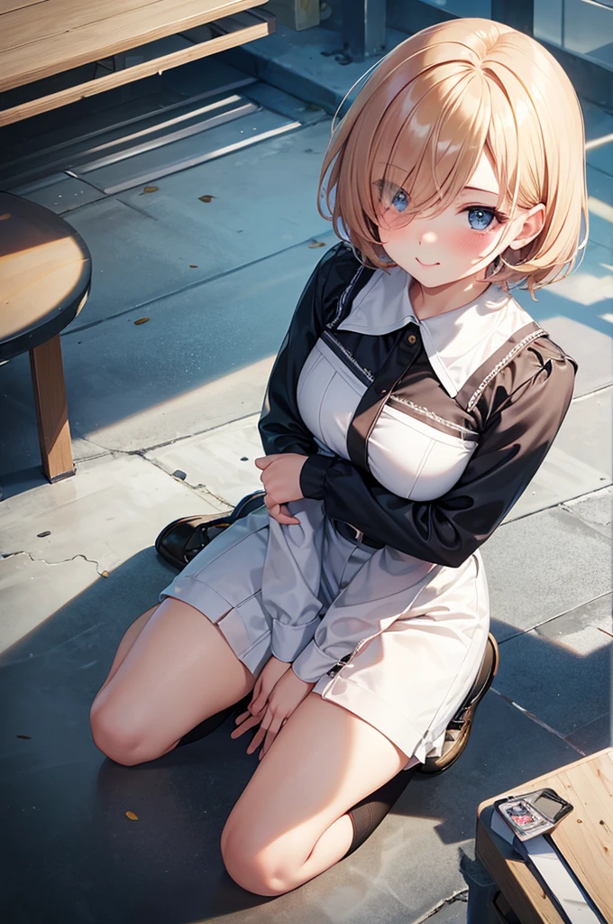 from above,full body shot,Pouty Mouth,Setting diagram,hair over one eye,short wave hair,(Highest quality, masterpiece), One girl ,View your viewers, smile, blush