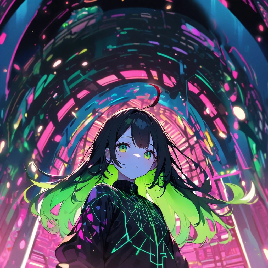 a wireframe hologram of a girl with glowing neon pink lines forming intricate patterns around its structure, (detailed green eyes, jet-black hair,colored inner green ombre hair multicolored hair):1.21, ahoge, Vibrant green, deep black's hue background, (sunlight filtering through the trees, dappled sunlight),
