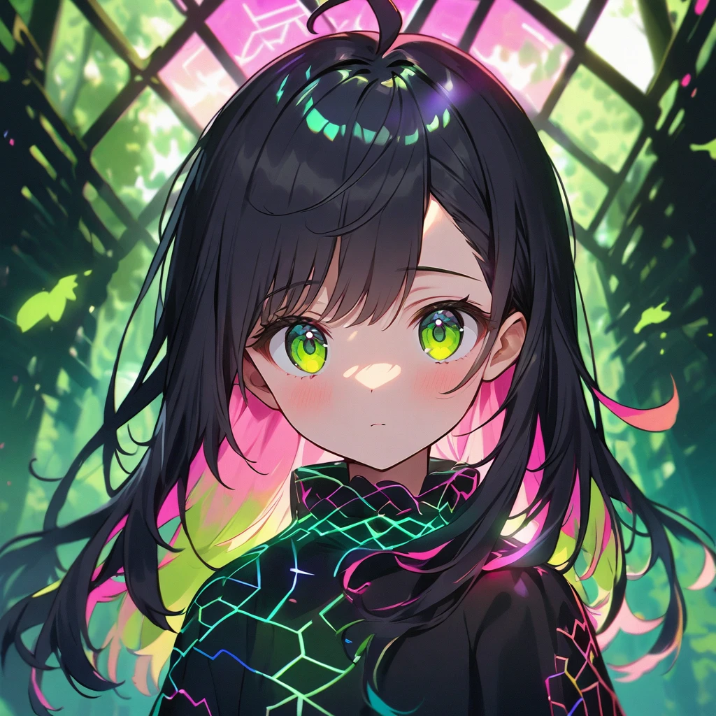 a wireframe hologram of a girl with glowing neon pink lines forming intricate patterns around its structure, (detailed green eyes, jet-black hair,colored inner green ombre hair multicolored hair):1.21, ahoge, Vibrant green, deep black's hue background, (sunlight filtering through the trees, dappled sunlight),