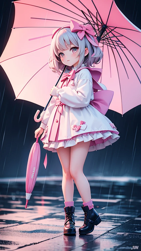 ((bishojo)), ((jk, girl)), ((puffy eyes)), (masterpiece), (top quality), (hyper detailed), (exquisite), (8k), (depth), (crisp), (beautiful and aesthetic), (super detailed skin), (high standard), (high resolution), (perfect anatomy), (realistic), (full body), (knee socks), (pink cheek), (underdressed), (bow in hair), (piercing), (on the street), (with rain), (one hand, umbrella)