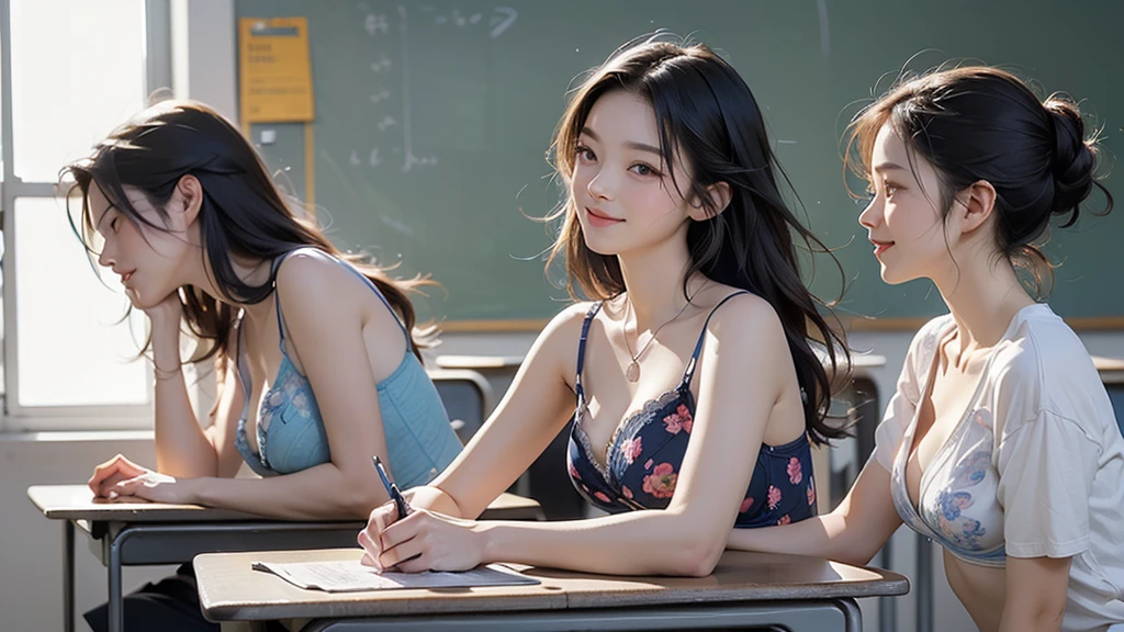 (((((Side angle))))) ((((((Looking at this)))))) 8k、RAW Photos、Highest quality、Super detailed、Super Resolution、Ultra HD、8k wallpaper、Amazing details、 ((White-walled school classroom))、Many students、blackboard、(Write in a notebook)、smile、(A 16-year-old girl sitting at a desk studying)、(Emphasize cleavage)、Heart Necklace (((A pink floral bra is visible)))
