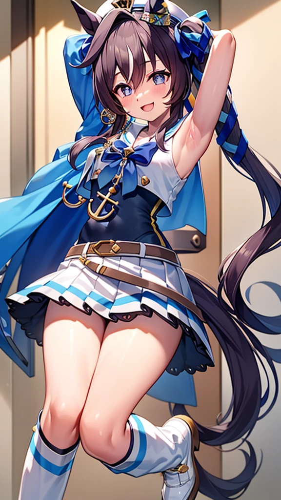 masterpiece, best quality, detailed, highly detailed, ultra detailed, extremely detailed CG, high resolution, 4K, vivlos \(umamusume\), horse tail, hat, white sailor collar, bare shoulders, blue ribbon, small cape, strap, anchor ornament, bodystocking, belt, bare knees, white pleated skirt, white boots, smile, arm up, armpits,