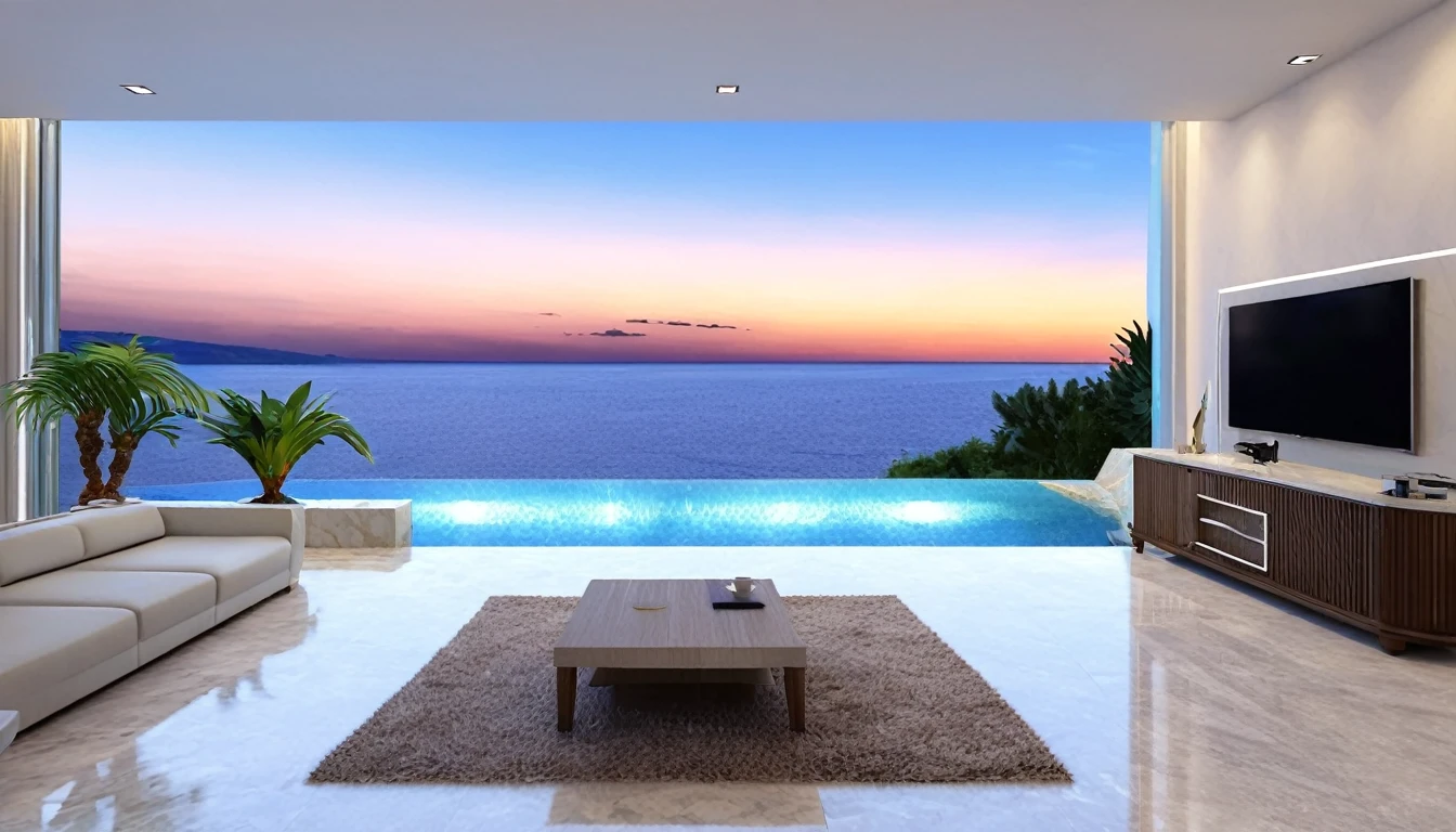 Kefalonia、((Beautiful Clouds))Designer lighting in front、There is a sofa and a coffee cup on the table、There is a waterfall nearby、Sunset and sea in the distance,(High-quality poolside flooring),There is a wall-mounted TV、Screen 70%The sea,4K,Ultra HD,Extravagant space,Ambient indirect lighting,Palm tree,rich,rich,VIP,VIP、There is a Monstera potted plant.