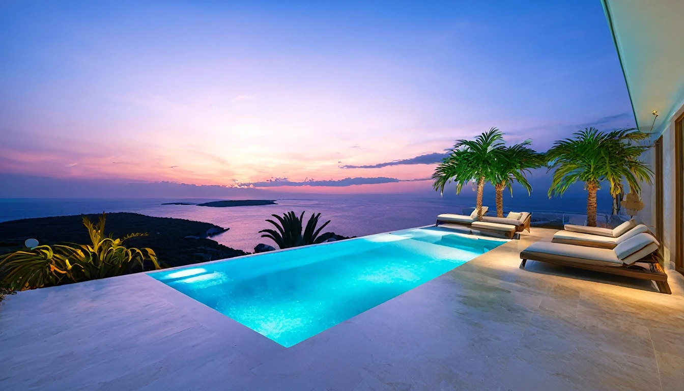 Kefalonia、((Beautiful Clouds))Designer lighting in front、There is a sofa and a coffee cup on the table、There is a waterfall nearby、Sunset and sea in the distance,(High-quality poolside flooring),There is a wall-mounted TV、Screen 70%The sea,4K,Ultra HD,Extravagant space,Ambient indirect lighting,Palm tree,rich,rich,VIP,VIP、There is a Monstera potted plant.