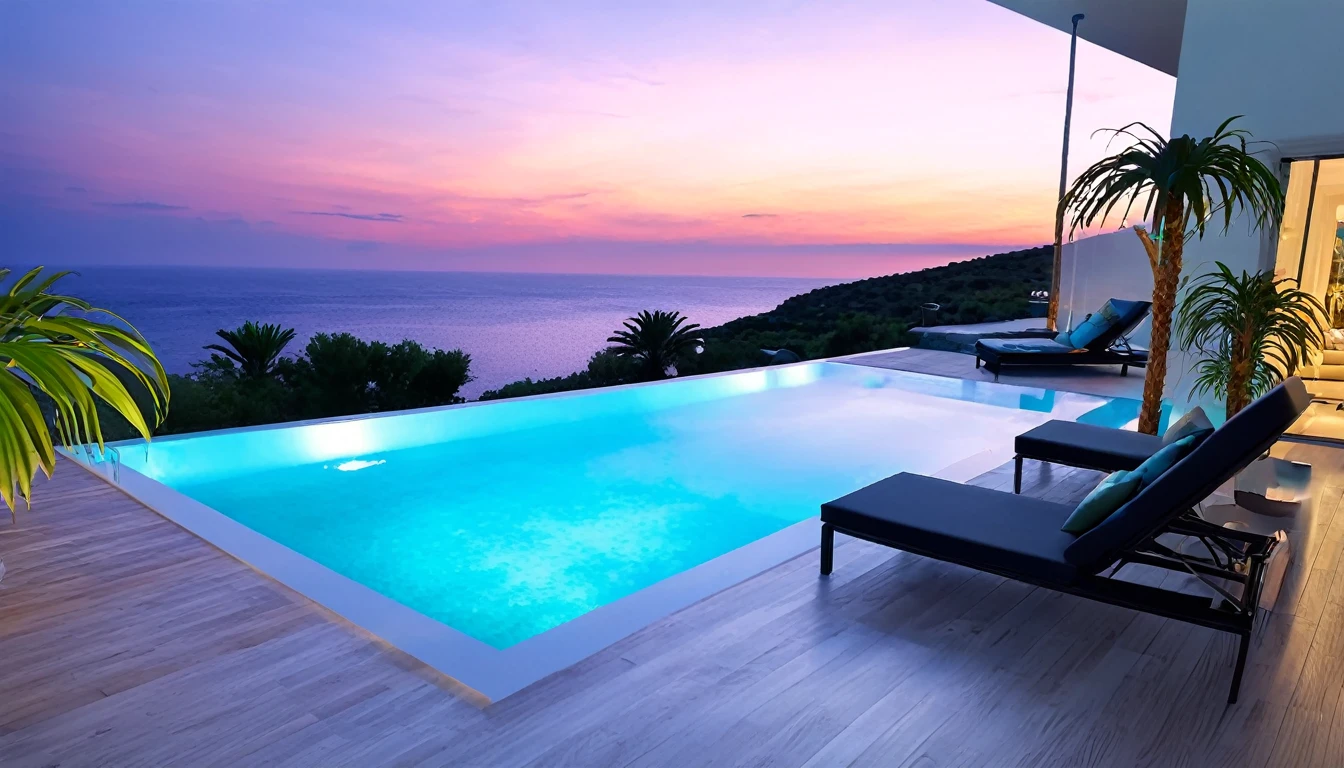 Kefalonia、((Beautiful Clouds))Designer lighting in front、There is a sofa and a coffee cup on the table、There is a waterfall nearby、Sunset and sea in the distance,(High-quality poolside flooring),There is a wall-mounted TV、Screen 70%The sea,4K,Ultra HD,Extravagant space,Ambient indirect lighting,Palm tree,rich,rich,VIP,VIP、There is a Monstera potted plant.