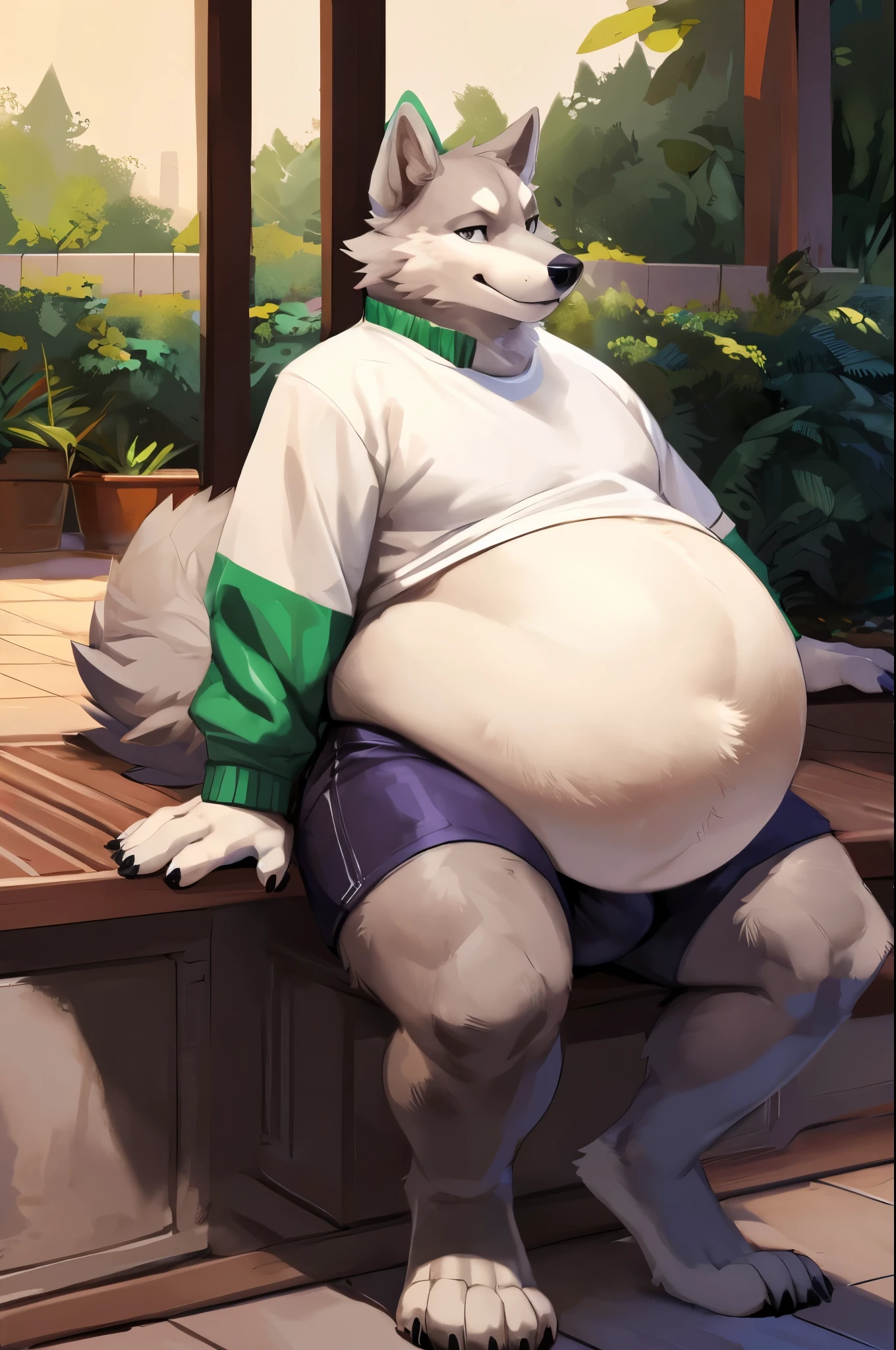 4k ultra quality, 4k full body view,(ultra high detailed body),((kemono)) wolf,by mystikfox61, by glitter trap boy,feral paws, by bebebebebe,by morethreedee, by seibear,(thick thigh),(chubby thigh),thicc thigh,thick legs,chubby legs,thicc legs,massive butt,enomorous thigh,massive thigh,massive legs,thick lower legs,wide legs,(detailed thigh),(wide thigh),fluffy belly sharp nails,((sfw)),(ultra detailed face),detailed eyes,big tail,fluffy tail,(detailed tail),enomorous tail,bigger tail,huge tail,volumetric light,big paws,(thick paws),fluffy paws,furry paws,enomorous paws,(bigger lower body),(long legs),master works, super fine, 4k resolution, high quality,high picture detail,dark fantasy,illusory engine, Masterpiece,front view,faint lighting,enomorous belly,ultra hyper belly,wide body,wide chubby face,enomorous body,(wearing oversized jacket),wearing T-shirt,tight T-shirt,white T-shirt,wearing shorts,tight shorts,big bulge,very (bloated belly),big belly,sitting in pool,male wolf,detailed belly,enomorous body,wide body,side view