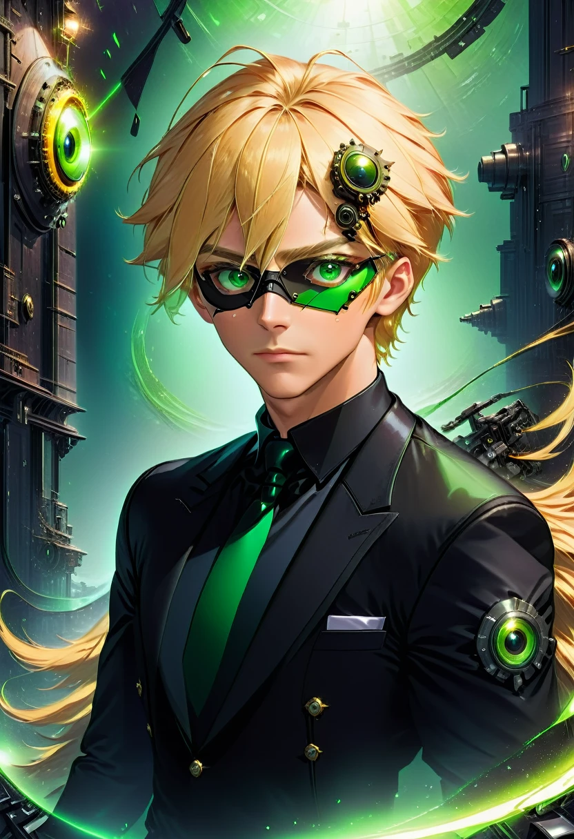 Arafed a picture of a human male spy, wearing dark suit, wearing ((mecha eye patch)), exquisite beautiful male, blond hair, short crop hair, green eyes, eye patch has intricate mechanical part in it, high society gala event background, (Masterpiece: 1.5), 16k, highres, best quality, high details, ultra detailed, masterpiece, best quality, (extremely detailed),