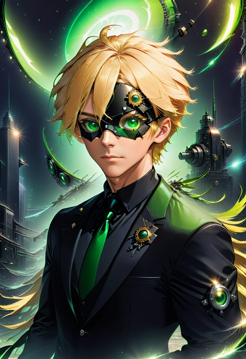 Arafed a picture of a human male spy, wearing dark suit, wearing ((mecha eye patch)), exquisite beautiful male, blond hair, short crop hair, green eyes, eye patch has intricate mechanical part in it, high society gala event background, (Masterpiece: 1.5), 16k, highres, best quality, high details, ultra detailed, masterpiece, best quality, (extremely detailed),