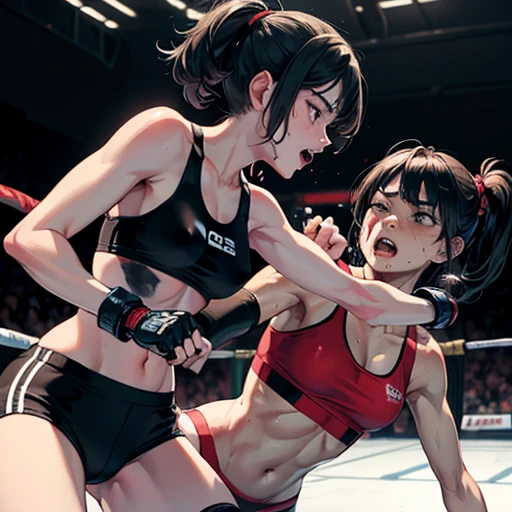 Covered in blood. Slender body. Small breasts. Intense violence. Her opponent's fists are digging into her body. They glare at each other. Her face distorted by the opponent's punch. Dynamic action. She is in pain. her bod is slammed to the floor and beaten violently. She is wearing a sports bra and high-leg panties. Her opponent tries to kill her with a powerful punch. The two are exhausted. Two young and beautiful Japanese mixed martial artists are fighting inside the octagon. They are both pounding their fists into their opponents' bodies. Their mouths are open, drooling, one eye closed, and they are gasping for air. They are sweating profusely. Short-cut black hair. Open-fingered gloves. Erect nipples.