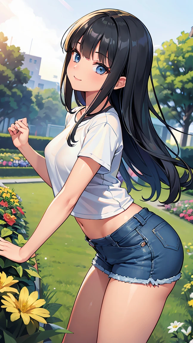 (8K, Live shooting, best quality, muste piece: 1.2), High-definition RAW color photo, Professional photography, cinematic light, ((1 girl)), focus on butt, (Low - Angle:1.2), super cute face, (black long hair), smile, Gorgeous body, glossy lips, slender body, big breasts, small butt, ((T-shirt, denim shorts, )), with your back turned:1.5, Are standing:1.2, Turn around pose, natural makeup, long eyelashes, shiny hair, asymmetrical bangs, tanned skin, pretty face, beautiful detailed eyes, beautiful body, beautiful chest, beautiful thighs, beautiful legs, (((clean fingers, 5 fingers on hand, five fingers))), (((flower garden, garden))), central image, high resolution, high detail, detailed hairstyle, detailed face, epic movie lighting, lively, hyper real, perfect limbs, perfect anatomy, anatomically correct,