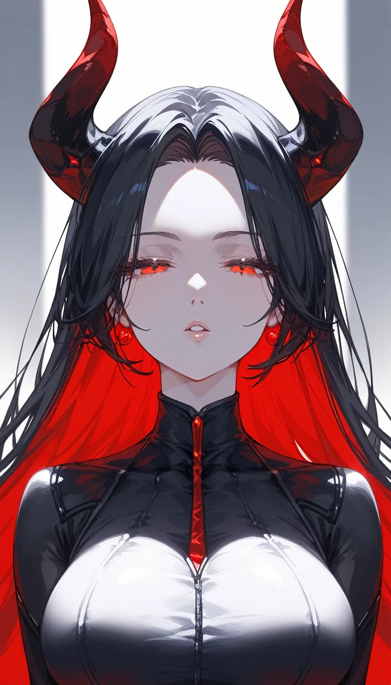 masterpiece, Score_9, Score_8_up, Score_7_up, front view, 1 woman, alone, black hair with red, long hair, parted bangs, dark red eyes, half-closed eyes, parted lips, expressionless, pale skin, large breasts, body suit, black bottom, best quality, horns up, long open bangs, black sleeveless shirt, black V-neck, red baggy pants, high heels.