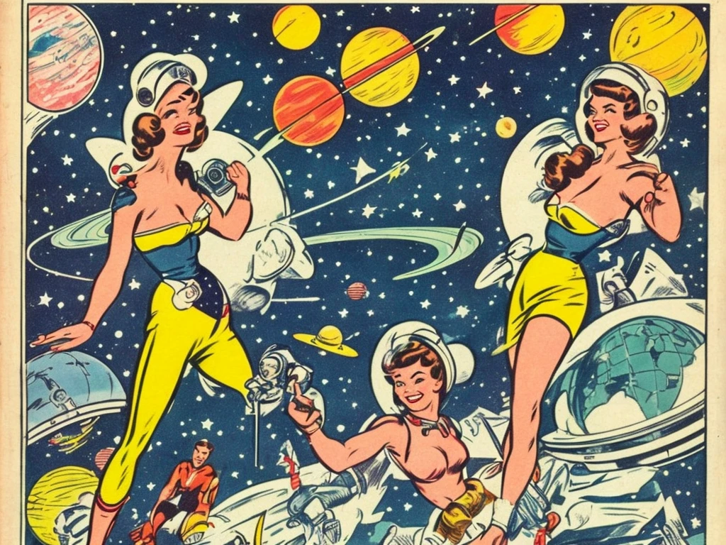 1950s retro comic, space girl with a close-fitting astronaut suit, large breasts, camel toe, background: planets, nebula, stars, spaceships