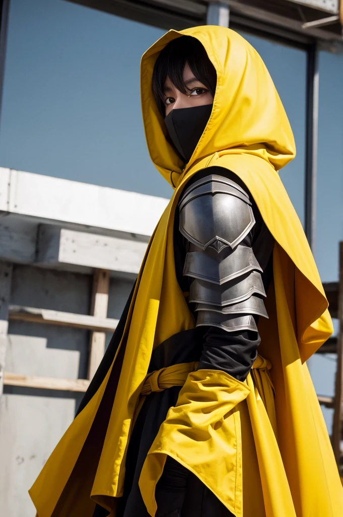 Wearing a yellow cloak、White masked hero。Wearing black scale armor。
