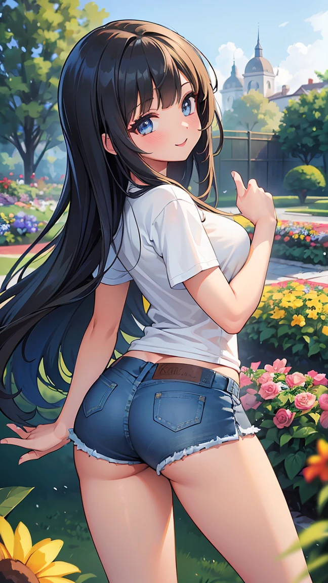 (8K, Live shooting, best quality, muste piece: 1.2), High-definition RAW color photo, Professional photography, cinematic light, ((1 girl)), focus on butt, (Low - Angle:1.2), super cute face, (black long hair), smile, Gorgeous body, glossy lips, slender body, big breasts, small butt, ((T-shirt, denim shorts, )), with your back turned:1.5, Are standing:1.2, Turn around pose, natural makeup, long eyelashes, shiny hair, asymmetrical bangs, tanned skin, pretty face, beautiful detailed eyes, beautiful body, beautiful chest, beautiful thighs, beautiful legs, (((clean fingers, 5 fingers on hand, five fingers))), (((flower garden, garden))), central image, high resolution, high detail, detailed hairstyle, detailed face, epic movie lighting, lively, hyper real, perfect limbs, perfect anatomy, anatomically correct,
