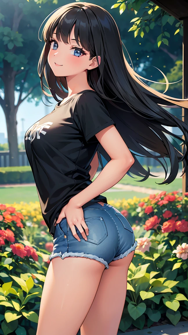 (8K, Live shooting, best quality, muste piece: 1.2), High-definition RAW color photo, Professional photography, cinematic light, ((1 girl)), focus on butt, (Low - Angle:1.2), super cute face, (black long hair), smile, Gorgeous body, glossy lips, slender body, big breasts, small butt, ((T-shirt, denim shorts, )), with your back turned:1.5, Are standing:1.2, Turn around pose, natural makeup, long eyelashes, shiny hair, asymmetrical bangs, tanned skin, pretty face, beautiful detailed eyes, beautiful body, beautiful chest, beautiful thighs, beautiful legs, (((clean fingers, 5 fingers on hand, five fingers))), (((flower garden, garden))), central image, high resolution, high detail, detailed hairstyle, detailed face, epic movie lighting, lively, hyper real, perfect limbs, perfect anatomy, anatomically correct,