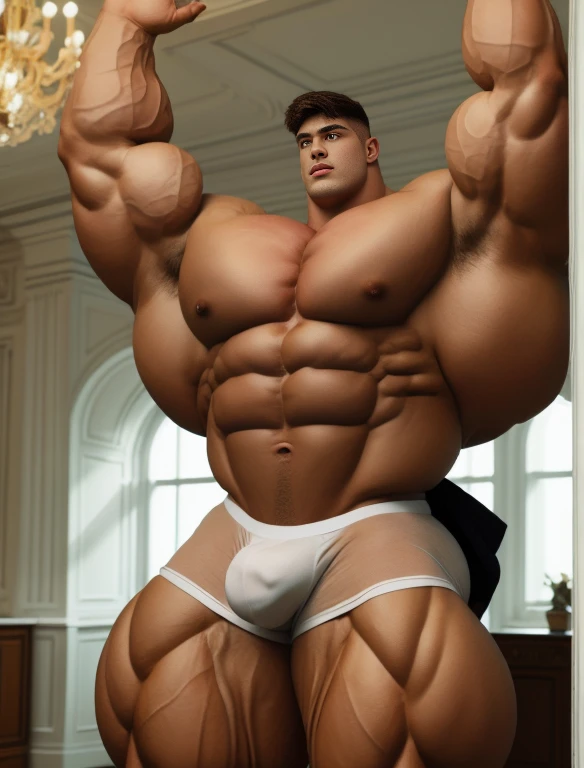 1boy, giant, model shoot style, illuminating light, strong body, bulk, large size, staring, armpit, in the white interior room, nude, white triangular underwear, prominent bulge, big, brutalmass, giant, muscular body, bulk, buff, massive body, large meaty body size