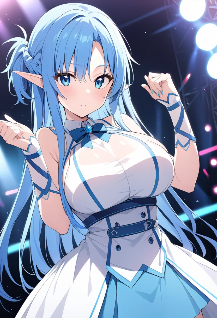 yuuki asuna, Blue eyes, Blue hair, long hair, bangs, braid, elf, ,　Live Stage, Big Breasts, formal dress　solo