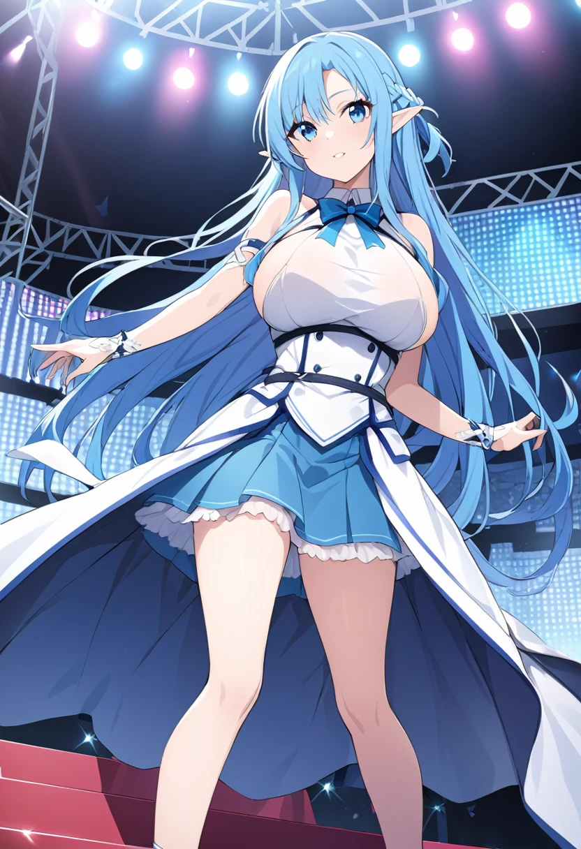 blue hair, hairclip, hair ornament,  , hair over shoulder, long hair, blue eyes, live stage, large breasts_big thighs_nsfw standing 