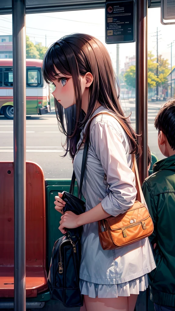 A beautiful girl looking at a boy at the bus stand