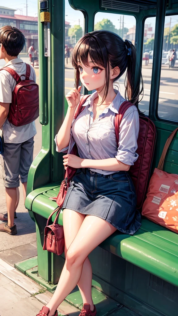 A beautiful girl looking at a boy at the bus stand