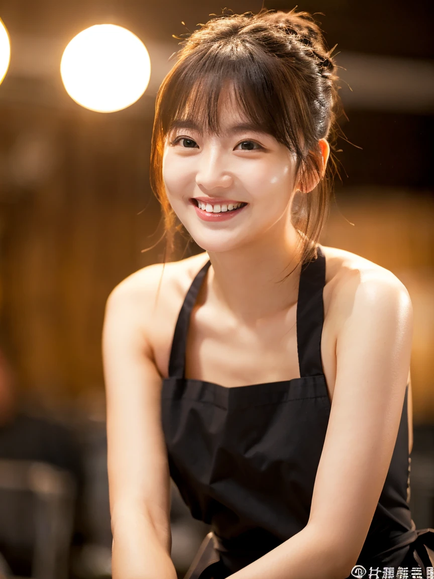 ((8k、sharp、masterpiece、Highest quality、Photorealistic、Very beautiful face、Fair skinで可愛い、Fair skin、very cute、Moisturized Skin))、 Shiny skin, Moisturized Skin、Fair skin、Cute face、Thin legs、Beautiful shaped buttocks,Professional Lighting、Portrait Shot、Smiling at the audience、(Naked black apron:1.3)、((She captivates the audience's pants in the kitchen.'))、'kitchen、No clothes、I'Wearing an apron、You can see the chest on the side、Small breasts