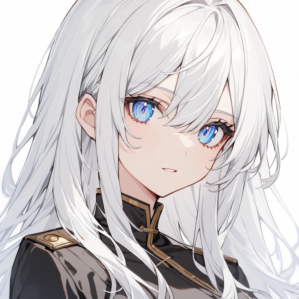 White hair, blue eyes, beautiful female, black uniform