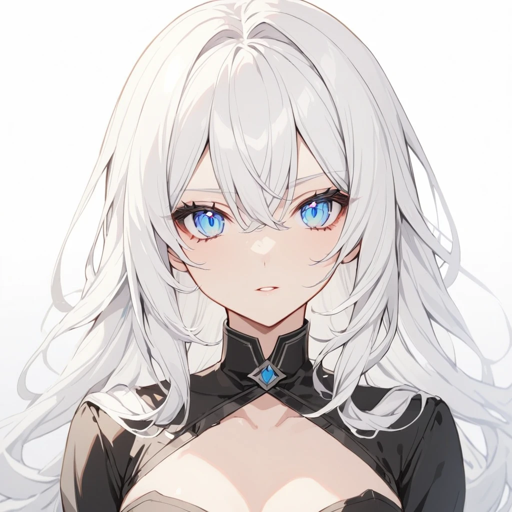 White hair, blue eyes, beautiful female, black uniform