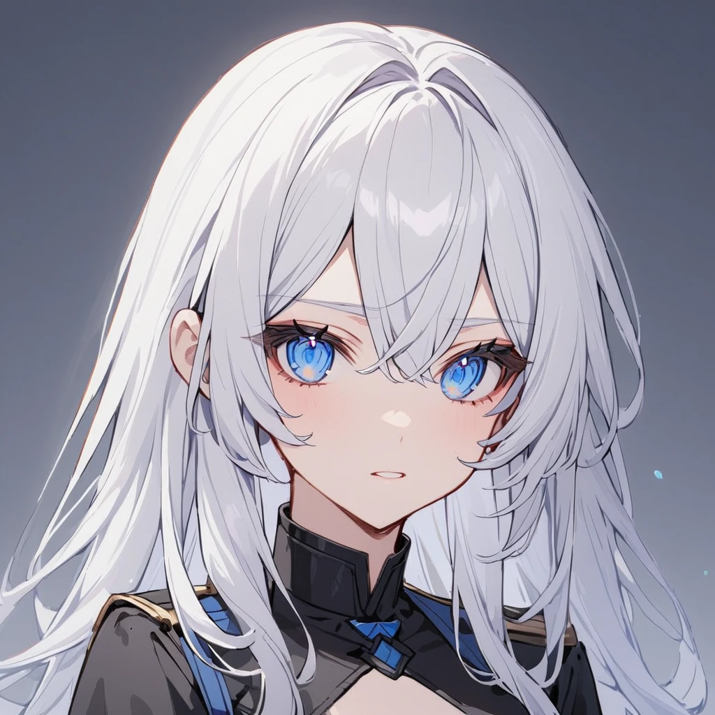 White hair, blue eyes, beautiful female, black uniform