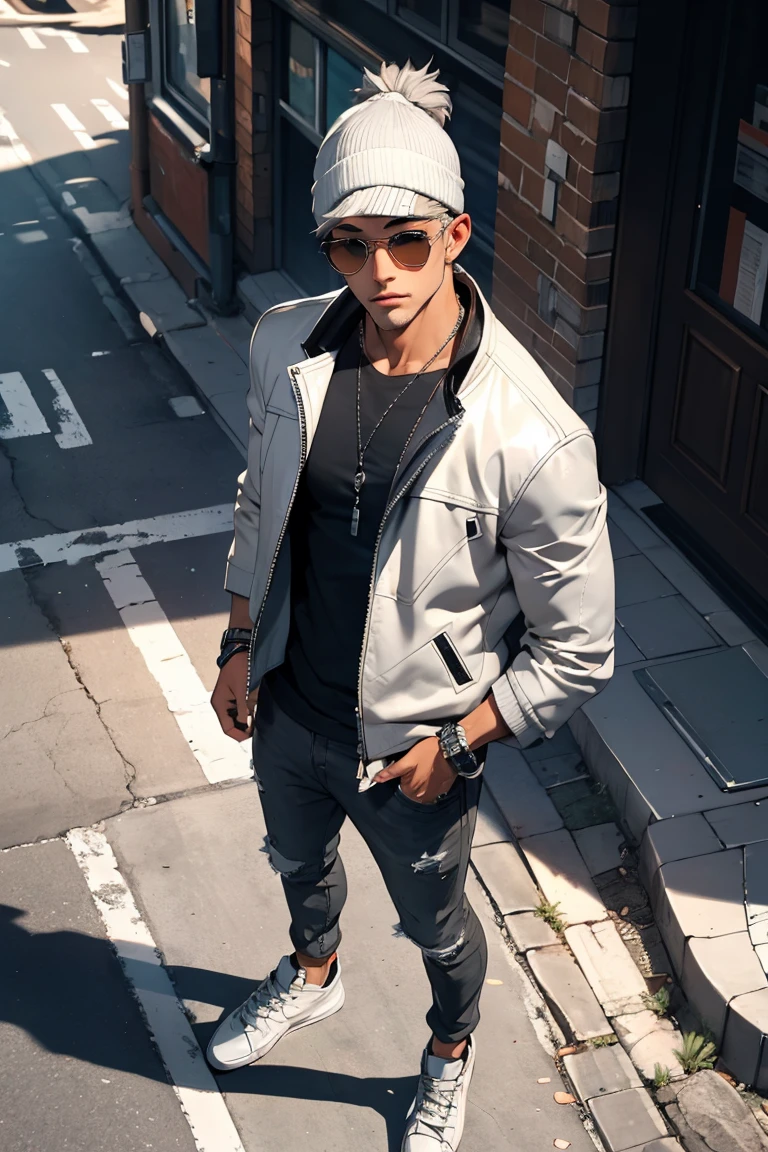 ((masterpiece, highest quality)), (1 boy), (silver hair), (beautiful almond-shaped gray eyes), cool, nine head proportions, standing, fitted white crew-neck t-shirt, (black leather biker jacket), blue skinny jeans, black high-top sneakers, a black beanie, silver aviator sunglasses, a leather bracelet, a black leather belt, an urban street background, looking at viewer, looking ahead, from above, monochrome background,