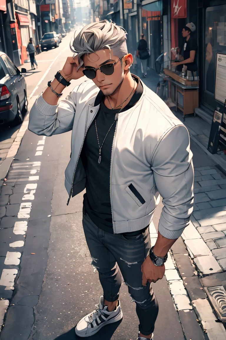 ((masterpiece, highest quality)), (1 boy), (silver hair), (beautiful almond-shaped gray eyes), cool, nine head proportions, standing, fitted white crew-neck t-shirt, (black leather biker jacket), blue skinny jeans, black high-top sneakers, a black beanie, silver aviator sunglasses, a leather bracelet, a black leather belt, an urban street background, looking at viewer, looking ahead, from above, monochrome background,