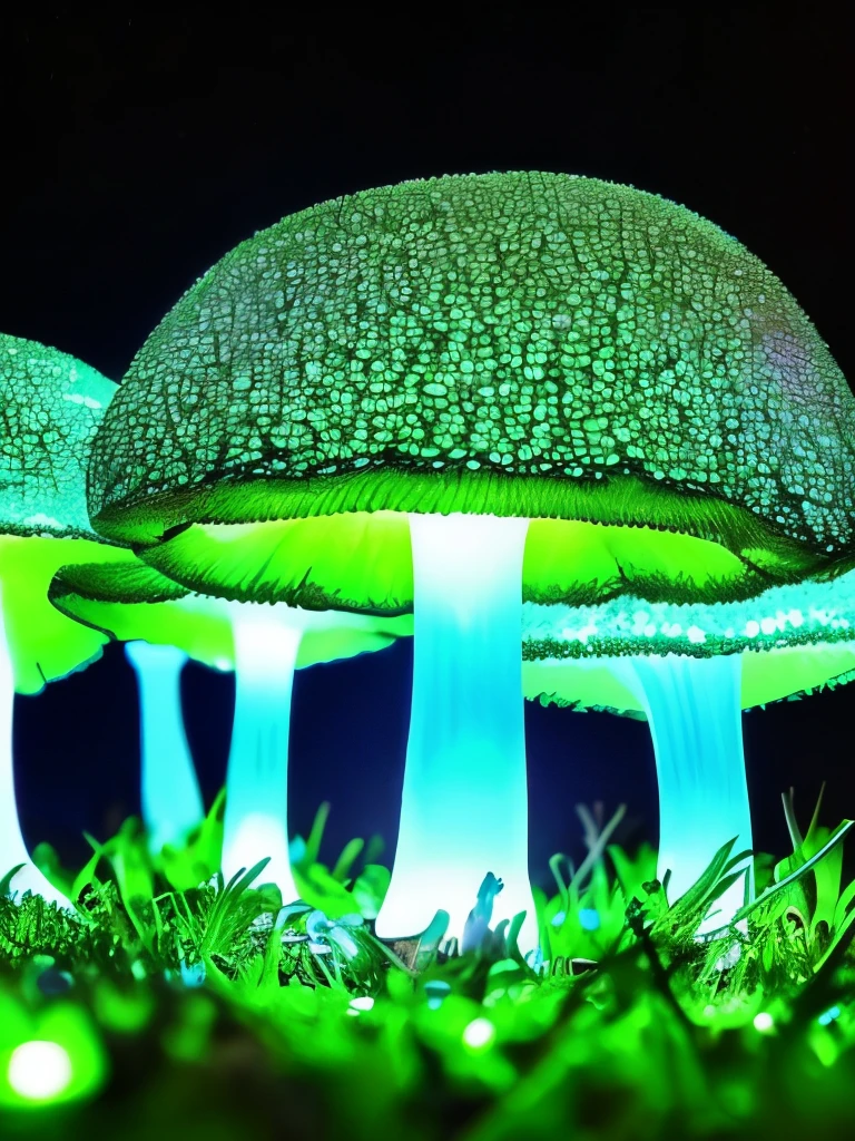 a close up of a bunch of mushrooms growing on a tree, a macro photograph by Stefan Lochner, flickr, art nouveau, glowing fungus, giant fluorescent fungi, glowing mushrooms, fluorescent mushrooms, neon yellow glowing mushrooms, bioluminescent mushrooms, neon mushrooms, glowing blue mushrooms, glowing green, green glows, greenish lighting, glowing in the dark, translucent mushrooms