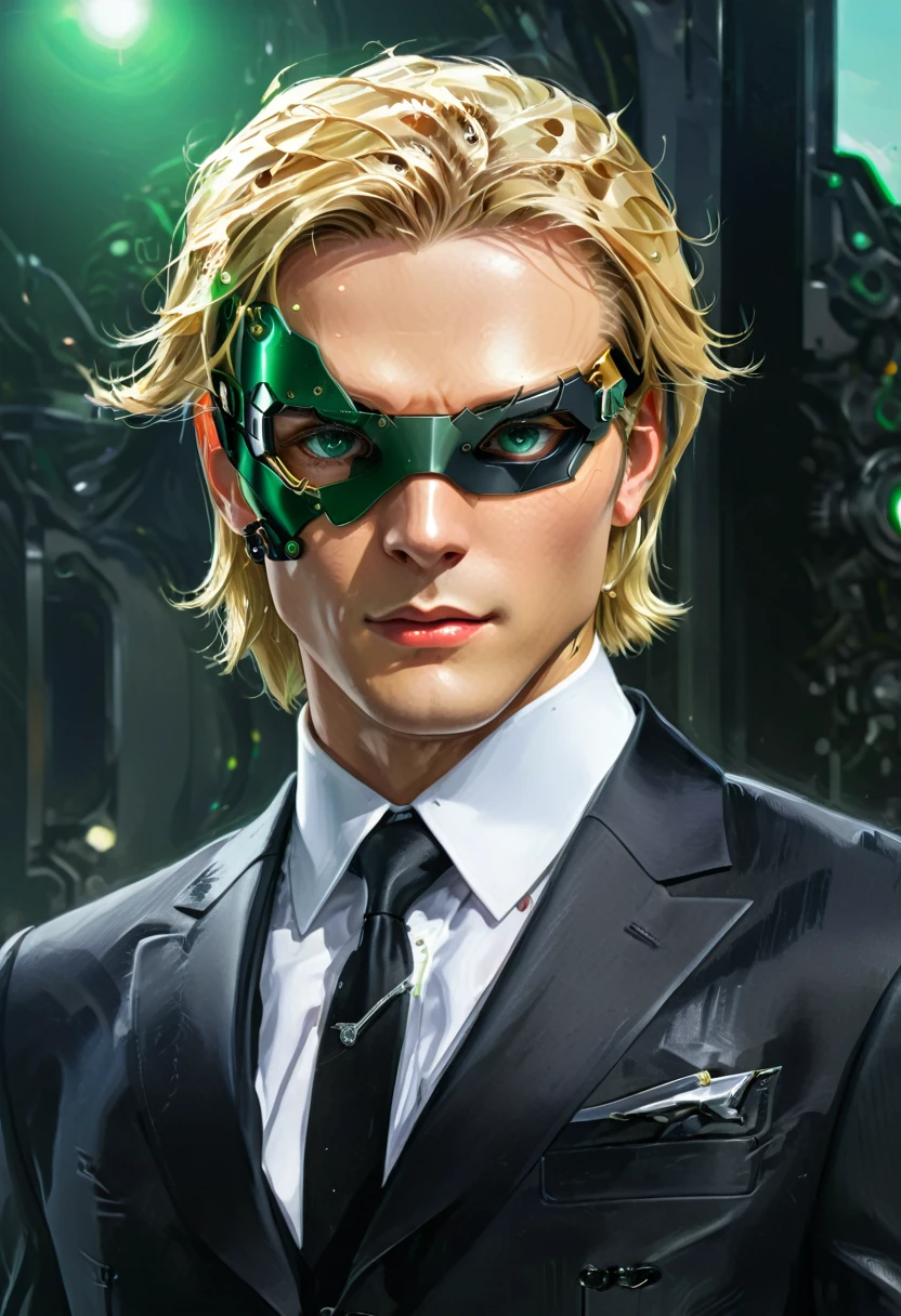 Arafed a picture of a human male spy, wearing dark suit, wearing ((mecha eye patch)), exquisite beautiful male, blond hair, short crop hair, green eyes, eye patch has intricate mechanical part in it, high society gala event background, (Masterpiece: 1.5), 16k, highres, best quality, high details, ultra detailed, masterpiece, best quality, (extremely detailed), ((only one eyed covered: 1.5))