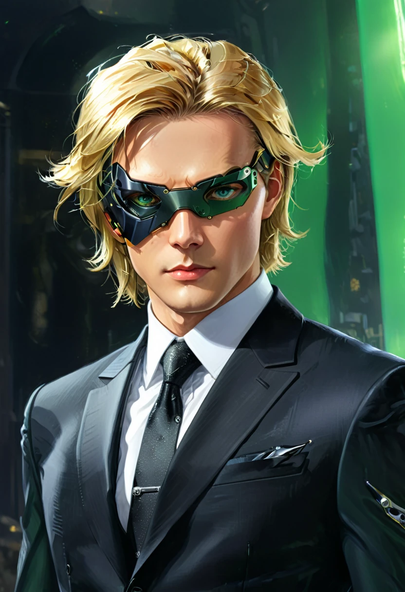 Arafed a picture of a human male spy, wearing dark suit, wearing ((mecha eye patch)), exquisite beautiful male, blond hair, short crop hair, green eyes, eye patch has intricate mechanical part in it, high society gala event background, (Masterpiece: 1.5), 16k, highres, best quality, high details, ultra detailed, masterpiece, best quality, (extremely detailed), ((only one eyed covered: 1.5))