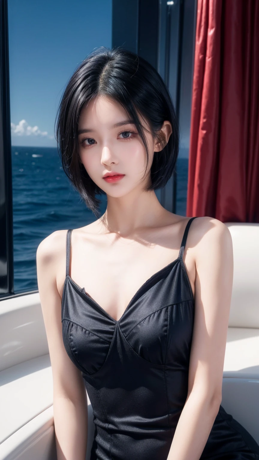 best quality, 1 Girl, dark blue hair, black eyes, Very short hair, Spiky hair, wears a dark red dress luxury,A cropped dress, 171 cm, Messy hair, Hair between the eyes, Medium breasts, full, Tomboy, aldult, 20 years old, 1 Girl with yatch dark red luxury at the sea