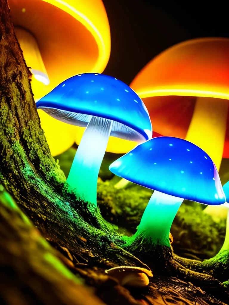 a close up of a bunch of mushrooms growing on a tree, glowing fungus, giant fluorescent fungi, glowing mushrooms, fluorescent mushrooms, neon yellow glowing mushrooms, bioluminescent mushrooms, neon mushrooms, glowing blue mushrooms, glowing green, green glows, greenish lighting, glowing in the dark, translucent mushrooms, glowing blue mushrooms in mire