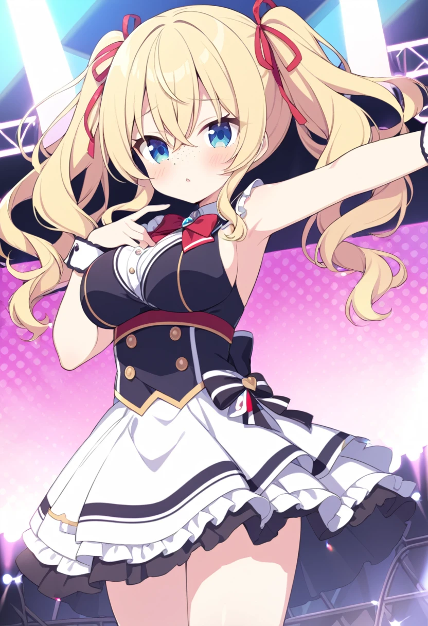 shiratorishiori, blonde hair, hair ribbon, red ribbon, twintails, wavy hair, hair between eyes, blue eyes, freckles,, large breasts, live stage, solo,