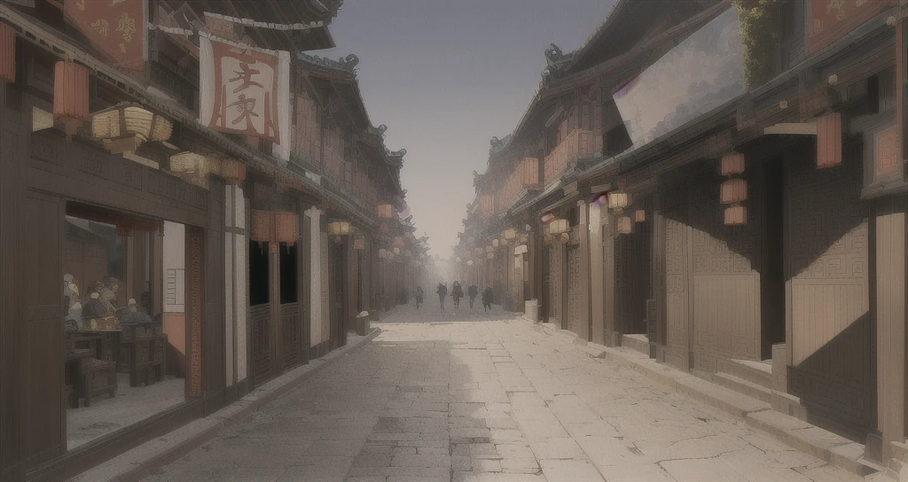 There is a painting,The picture shows a street with many buildings, The ancient city streets behind her, Chinese streets, Dreamy Chinatown, Beautiful rendering of the Ming Dynasty, China Town, Traditional Chinese Concept Art, old asian village, Ancient city landscape, China Village, Anime Landscape Concept Art, old Chinese streets market, Dressed in vintage street clothes, China city, Chinese feudal background