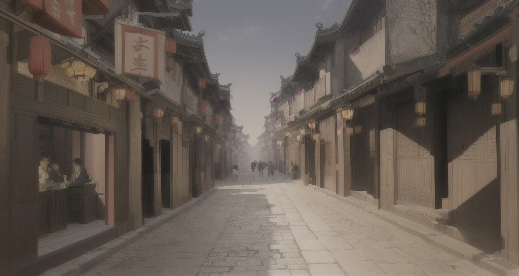 There is a painting,The picture shows a street with many buildings, The ancient city streets behind her, Chinese streets, Dreamy Chinatown, Beautiful rendering of the Ming Dynasty, China Town, Traditional Chinese Concept Art, old asian village, Ancient city landscape, China Village, Anime Landscape Concept Art, old Chinese streets market, Dressed in vintage street clothes, China city, Chinese feudal background