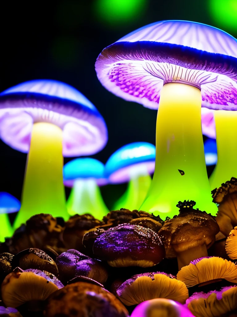 a close up of a bunch of mushrooms growing on a tree, a macro photograph by Stefan Lochner, flickr, art nouveau, glowing fungus, giant fluorescent fungi, glowing mushrooms, fluorescent mushrooms, neon yellow glowing mushrooms, bioluminescent mushrooms, neon mushrooms, glowing blue mushrooms, glowing green, green glows, greenish lighting, glowing in the dark, translucent mushrooms