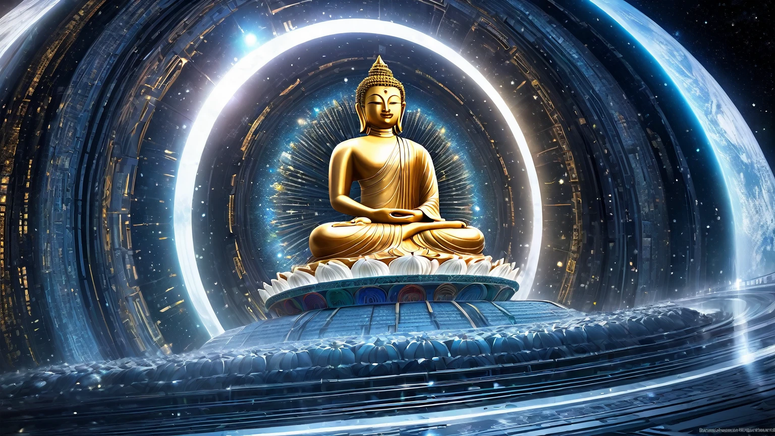 Interstellar,Endless space,The huge Maitreya Buddha statue rushed towards the huge space-time tunnel,Highly detailed portrait of a huge golden Buddha with the halo of the sun god,ssee-through,depth of fields,((Masterpiece)),(Best quality)),Magnificent space image scene,surrealism, Super detail, ccurate, Best quality, hyper HD, Masterpiece, Anatomically correct, A high resolution, 16k