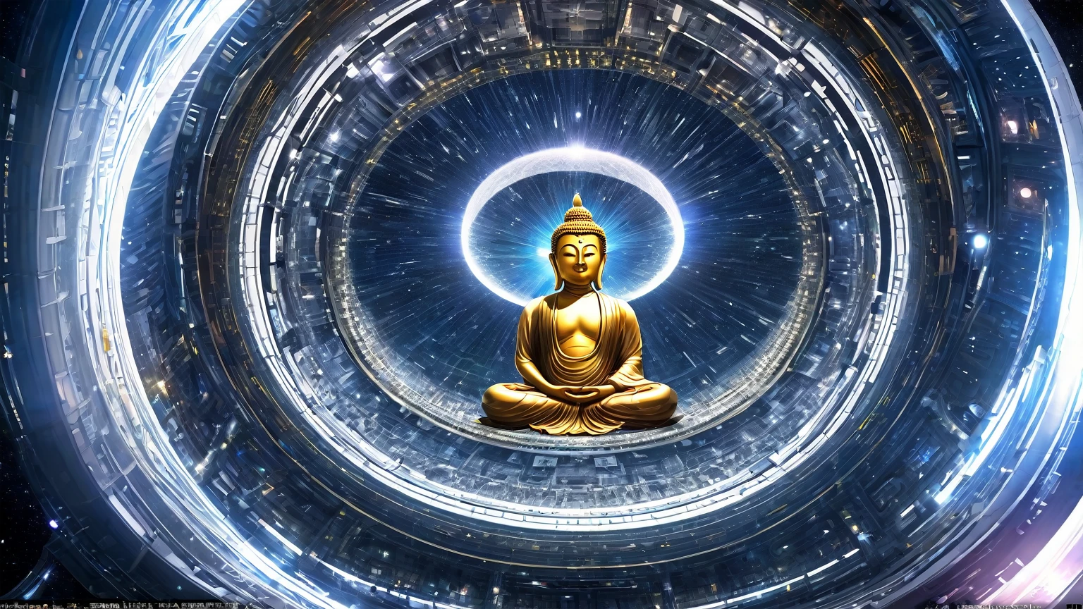 Interstellar，Endless space，The huge Maitreya Buddha statue rushed towards the huge space-time tunnel，Highly detailed portrait of a huge golden Buddha with the halo of the sun god，ssee-through，depth of fields，((Masterpiece))，(Best quality))，Magnificent space image scene，surrealism, Super detail, ccurate, Best quality, hyper HD, Masterpiece, Anatomically correct, A high resolution, 16k