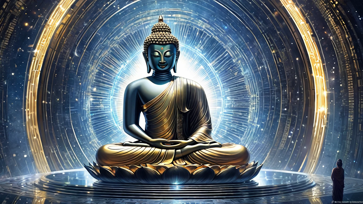 Interstellar，Endless space，The huge Maitreya Buddha statue rushed towards the huge space-time tunnel，Highly detailed portrait of a huge golden Buddha with the halo of the sun god，ssee-through，depth of fields，((Masterpiece))，(Best quality))，Magnificent space image scene，surrealism, Super detail, ccurate, Best quality, hyper HD, Masterpiece, Anatomically correct, A high resolution, 16k