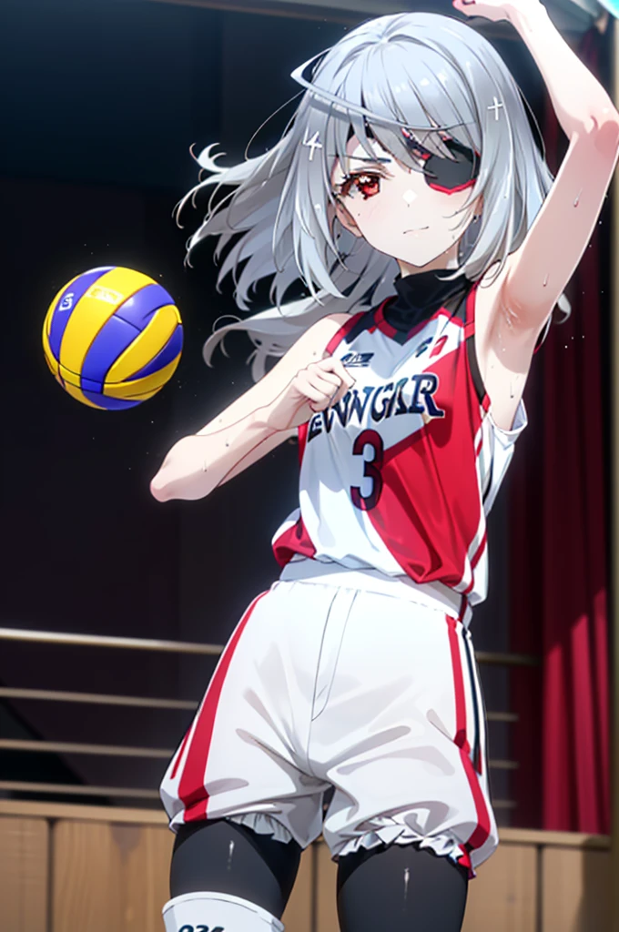 Laurabodewig, Laura Bodewig, Long Hair, (Red eyes:1.3), Grey Hair, Eye patch,smile,
break, (((Stained bloomers))), (Stained Volleyball Uniforms), Sleeveless volleyball uniform, (((Stained bloomers))), (Knee pads), (Elbow pads), (bare hands), ((Sweat)), ((covered in Sweat)), (breathe), Volleyball court, Ballet Shoes,whole bodyがイラストに入るように,
break indoors, gym,
break looking at viewer,whole body, (Cowboy Shot:1.5),
break (masterpiece:1.2), Highest quality, High resolution, unity 8k wallpaper, (figure:0.8), (Beautiful attention to detail:1.6), Highly detailed face, Perfect lighting, Highly detailed CG, (Perfect hands, Perfect Anatomy),