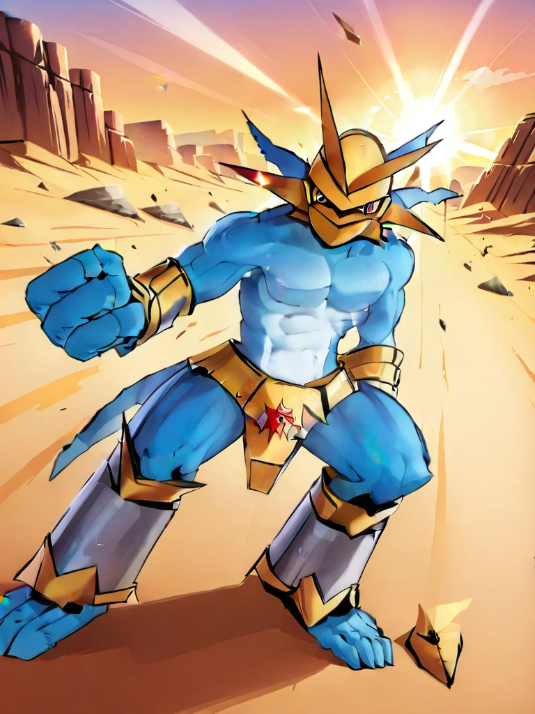 solo,angry Magnamon,tall, musclar,blue and white skin,(battle damaged:1.5),(topless Magnamon:2),(armor fragments:1.5),(shirtless:1.5), fighting_stance, in desert ,full_shot
