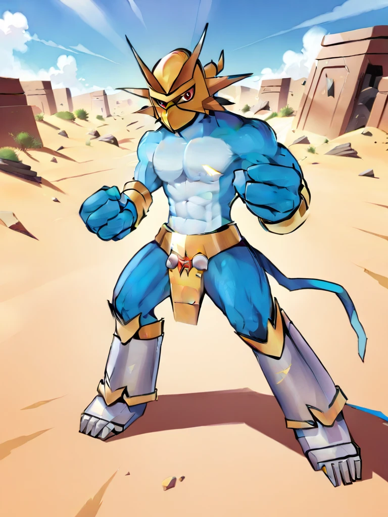 solo,angry Magnamon,tall, musclar,blue and white skin,(battle damaged:1.5),(topless Magnamon:2),(armor fragments:1.5),(shirtless:1.5), fighting_stance, in desert ,full_shot
